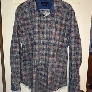 Bugatchi Men's Shaped Fit Button-Down Shirt Size XL 100% Cotton Gray Blue